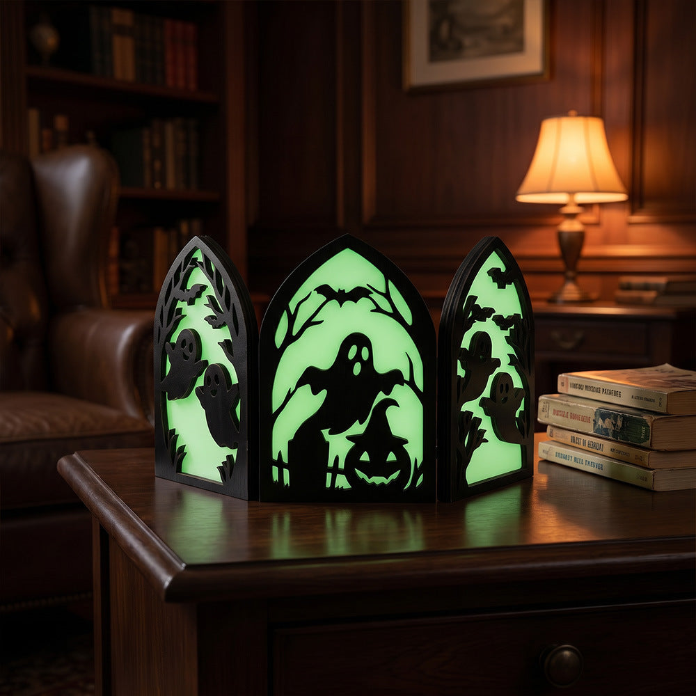 Halloween Wooden Hollowed-out Dark Series Tabletop Decoration, Festive Shape, Home Party Gift Ornament