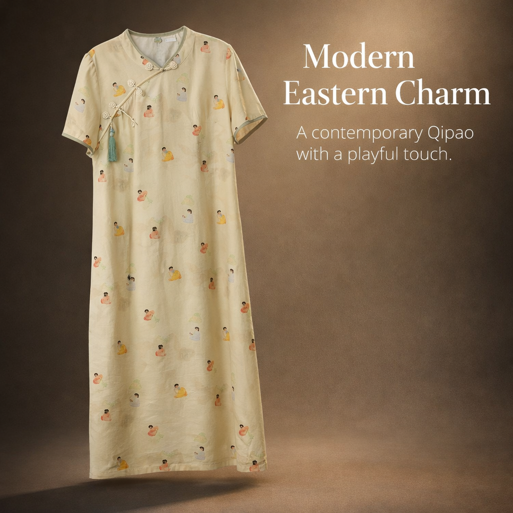 Women's Chinese Dress Midi Length with Three Quarter Sleeve for Summer, Cheongsam Style Flared Casual with Color Blocking and Patchwork Details