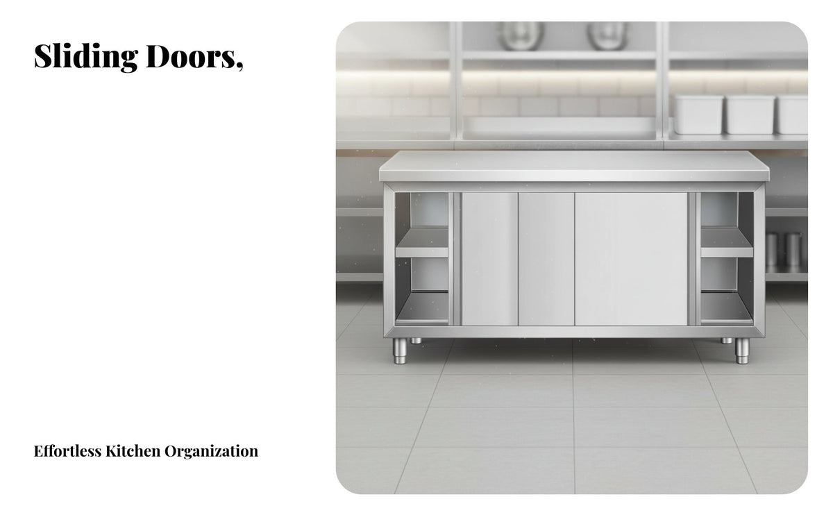 Easy to Clean Stainless Steel Work Table with Cabinet Rust Resistant Kitchen Work Table with Storage Spacious Worktop Commercial Kitchen Workbench Seamless Joining for Restaurant Owners, Homeowners, Workshop Employees, Hotel, Dining Hall, Warehouse