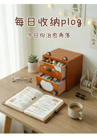 小猫实木桌面收纳盒抽屉式杂物整理盒可爱卡通创意化妆品抽屉收纳