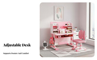 Built-in Bookstand Adjustable Kids Desk and Chair Set Rounded Corners Height Adjustable Student Desk Safe & Long-Lasting Kids Homework Station Large Storage Capacity for Primary Schoolers, Students, Girls, School, Homeschooling, Reading, Bedroom