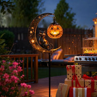 Solar Black Cat & Pumpkin Moon Stake Light