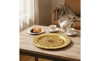 Gold Serving Tray with Raised Rim Ornate Decorative Tray Metal Platter Traditional for Hosts, Table Decor, Tea Service, Banquets