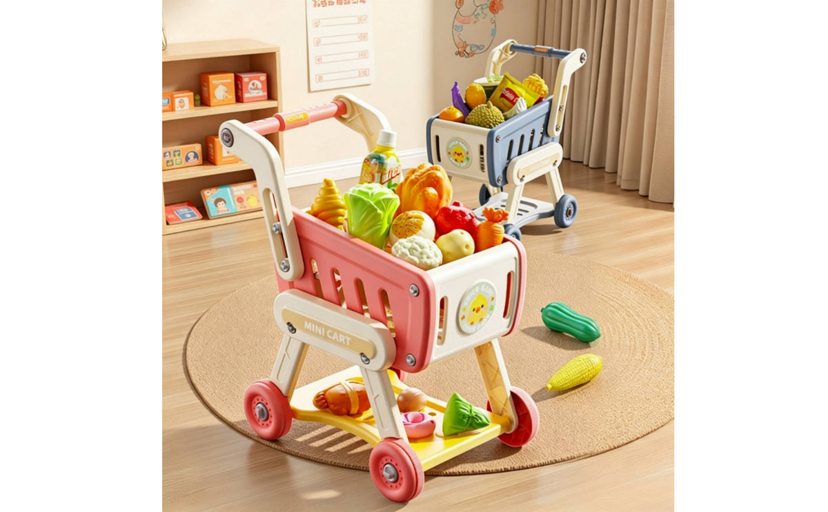 Push-Along Toy Shopping Cart with Food Role-Playing Kids Grocery Cart with Play Food Stable Imaginative for Toddlers, Children, Playroom, Home, Nursery