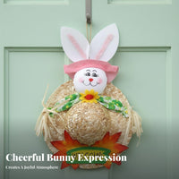 Easy to Hang Easter Bunny Straw Hat Decoration Handmade Design Straw Hat Rabbit Ornament Rustic Easter Wall Hanging With Bow for Children, Classroom