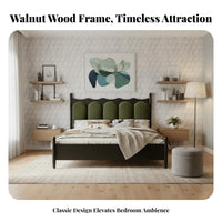 French Retro Design Bed Skin-Friendly Textile Walnut Finish Double Bed Firm-Density Foam Cushioning Bedroom Furniture