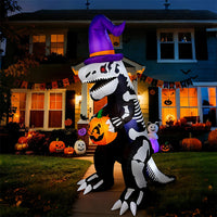 2.4m Halloween Inflatable Skeleton Dinosaur Holding Pumpkin with LED Lights Outdoor Yard T-Rex Decoration (US Plug)