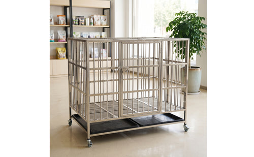 Stainless Steel Dog Crate with Wheels Heavy-Duty Dog Crate with Removable Tray Escape-Proof Indestructible for Dogs, Grooming Salon