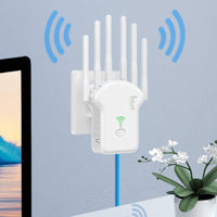 Six Antennas Inline WPS Button Wireless Transmission Range Extender Indicator Lights Wall-Mount