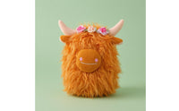 Orange Shaggy Stuffed Cow Faux Fiber Highland Cow Stuffed Farm Animal Plushie Embroidered Floral