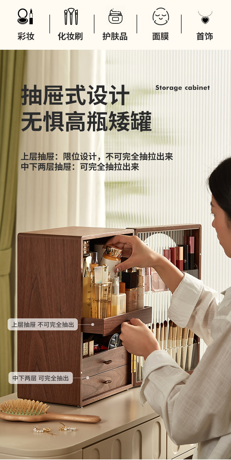 木质化妆品收纳柜桌面高级感梳妆台收纳盒大容量护肤品口红置物架 雅致木韵·香水收纳架-胡桃木+黄铜
