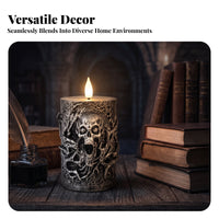 Gothic Electronic Candle | Glowing Flame-flickering bulb, Antique Silver Finish, cranium Candle, for Halloween