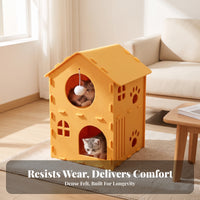 Cozy Felt Cat House with Toy | Stable Interlocking Panels, Enclosed Upper Level, 2-Tier Cat House, for Living Room