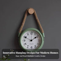 Silent Movement Round Metal Clock Retro Design Rope Hanging Wall Clock Battery Operated for Homeowners, Adults, Living Room, Bedroom, Office