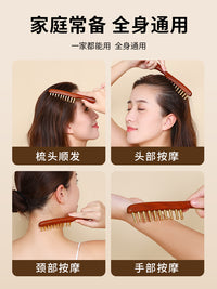 Pure Brass Long-Handle Massage Comb for Scalp and Head Meridian, Thick Wide Teeth, for Men and Women, Gold Silk Sandalwood Comb