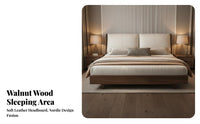Leather Headboard Bed Mortise and Tenon Joinery Solid Wood Bed Frame Heavy Duty Support