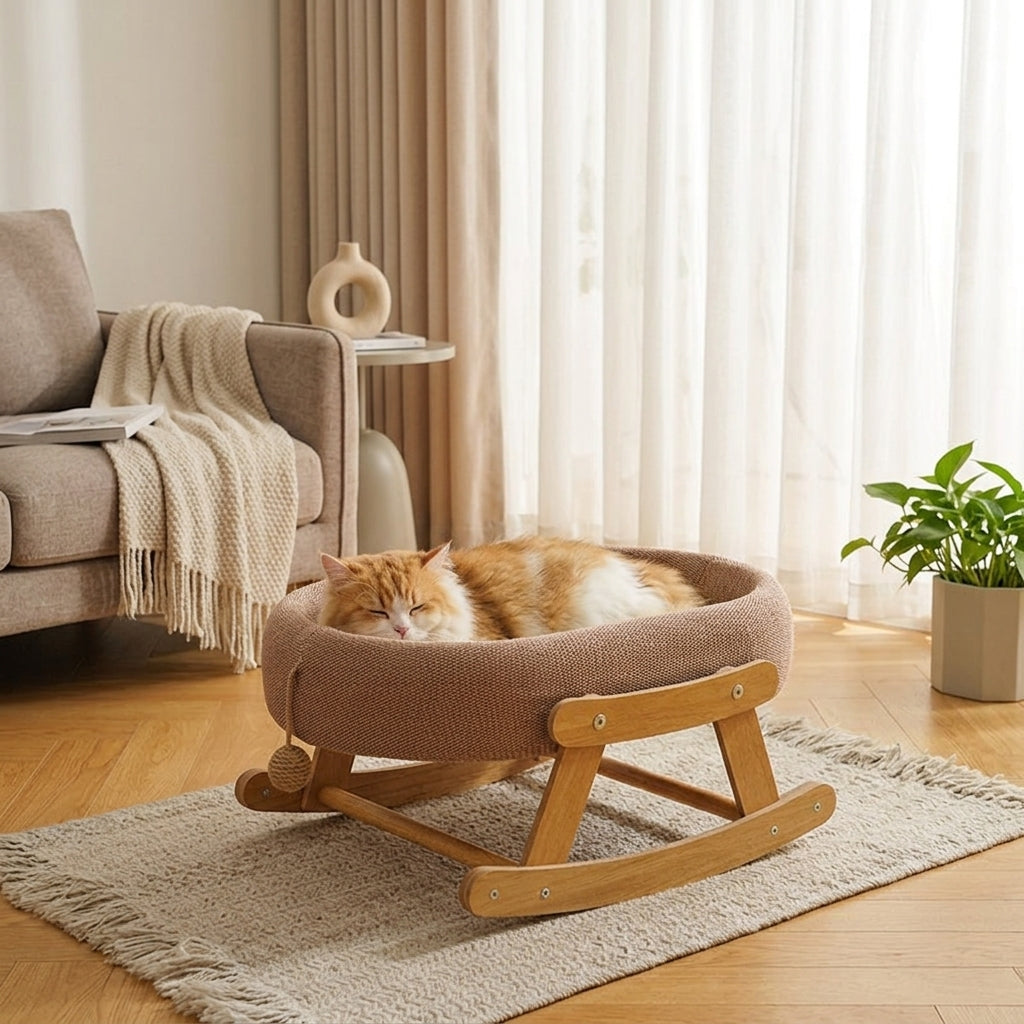 Cat Scratcher Rocking Bed with Wood Frame, Scratching Board and Cat Swing for Indoor Use, Warm Winter Cat Bed for Kitten Warmth
