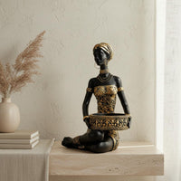 African Woman Figurine Exotic Design Tribal Figure Storage Tray Multi-Functional