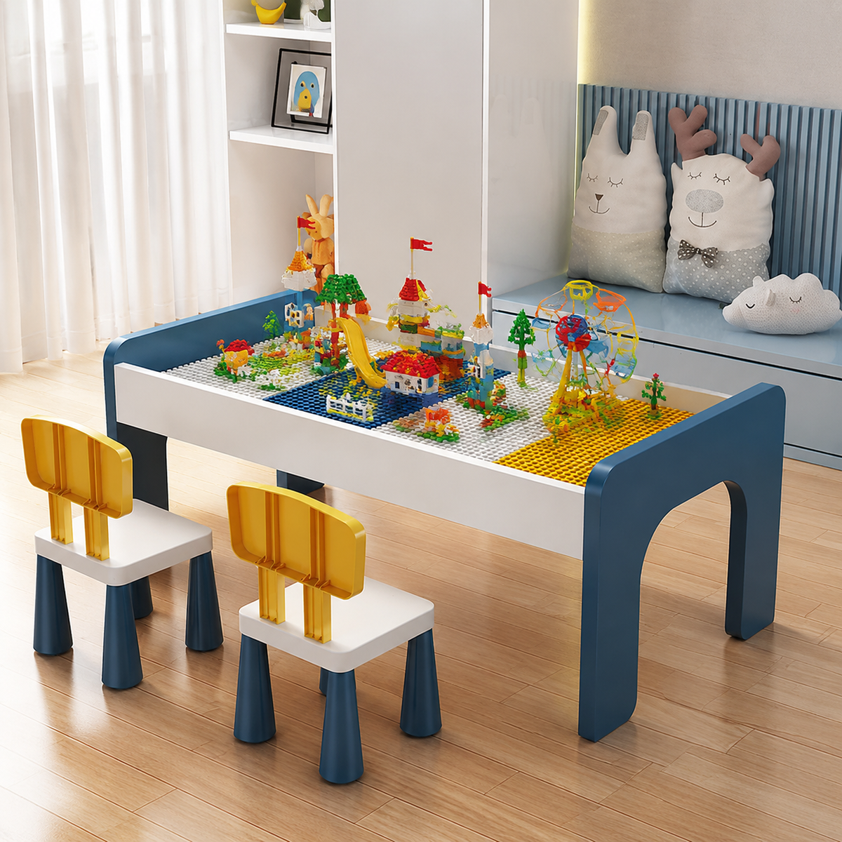 Kids Building Block Table and Chair Sets, Wooden Kids Table and Chair Sets for Toddlers, 106cm Multi-Functional Drawing Craft Table with Storage