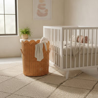 Scalloped Wicker Basket with Handles Decorative Woven Storage Bin Portable Basket with Handles Freestanding for Bedroom