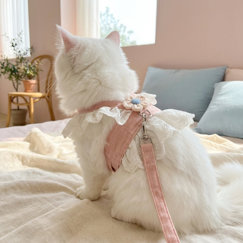 Cat Harness and Cat Leash Set with 1.5m Leash, Pink Nylon Harness for Small Medium Pets, Cute JK Style Outdoor Walking Harness for Cats