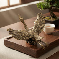 Gilded Crane Figurine Engraved Feathers Gilded Bird Figurine Metal Table Ornament
