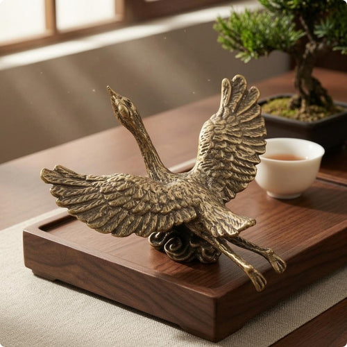 Gilded Crane Figurine Engraved Feathers Gilded Bird Figurine Metal Table Ornament