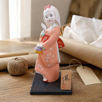 Plaster Geisha Figurine Painted Floral Kimono Doll Woven Texture