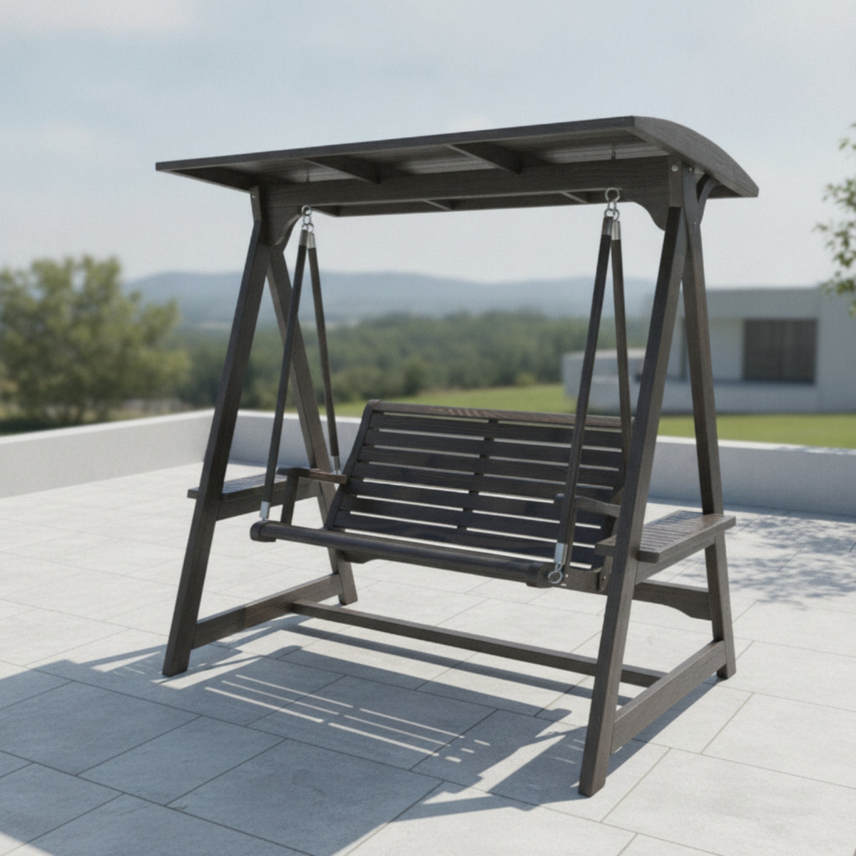 Wooden Swing Bench with Canopy Shaded Freestanding Garden Swing Slatted for Backyard