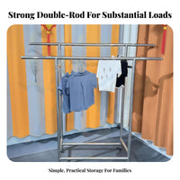 Double Rod Rolling Rack Adjustable Length Rolling Double-Rod Clothing Organizer With Wheels Foldable for Renters