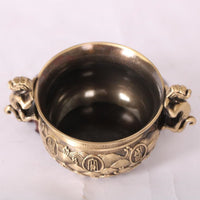Brass Fortune Bowl Greek Key Border Mythical Lion Handle Bowl Wave Pattern