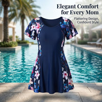 Swimsuits for Women with Short Sleeve Design for Water Sports, Plus Size Modest Floral Skirted for