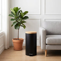 Round Trash Can Kitchen 30L, Step Trash Can with Wooden Lid, Odor-Sealed Trash Bin for Household