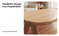 Elliptical Coffee Table Solid Wood Storage Drawers Oval Shape V-shaped Legs Space-saving Suitable for Families Living Room