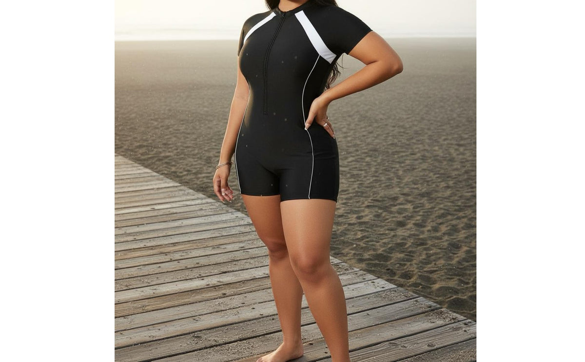 Single Piece Sun Protection Top Stretchy Material Zip Front Bathing Suit Contrast Panels Single-Piece Aquatic Romper Built-In