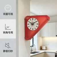 墙面免打孔三角红色双面钟艺术亚克力磨砂静音挂钟转角客厅装饰