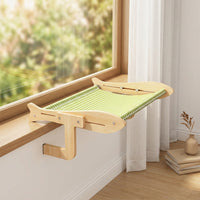 Hanging Cat Bed and Window Cat Bed, Foldable Woven Mat Balcony Cat Bed Hammock, Space Saving Wood Frame Perch for Indoor Cats and Balcony Patio