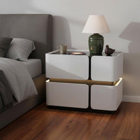 Illuminated Bedside Cabinet Nightstand with Battery-operated Charging Two Drawers Microfiber Leather Glass Surface Adjustable Lighting Suitable for Residents Students Guest Room Hotel