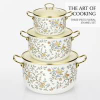 Enamel Cookware Set with Glass Lids, Flat Bottom Soup Pot Double Handle, Floral Cooking Pots for Everyday Cooking, 3 Sizes 18/22/26cm