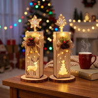 2 Pieces Rustic Wooden Christmas Light Warm-Glowing Christmas Light with Star Topper Lighted Table Decoration Decorative for Tabletop, Mantel