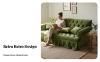 traditional Vintage design emerald Tufted Highspine Sofa Skirted Base Tufted plush fabric Couch long-lasting Frame Living Room Seating Easy Assembly for Interior Designers, Homeowners, Adults, Showroom, Lounge Area, Apartment, Hotel Lobby