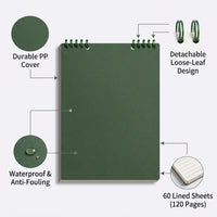 size Spiral Notebook with PP Cover, Removable Pages Loose-Leaf Binder Notepad, 120 Lined 80gsm Paper for School Office, Dark Green