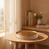 Round Tray with Mirrored Golden Surface Mirrored Tray Geometric Shallow Dish for Tabletop, Vanity
