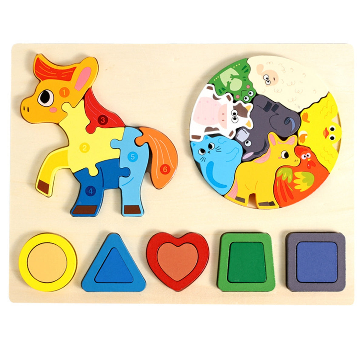 Chunky Wooden Puzzle with Geometric Shapes Educational Shape Sorting Puzzle Board Colorful Toy Developmental for Toddlers, Playrooms