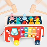 Natural Wood Pounding Bench with Xylophone Multicolor Elephant Activity Center Interactive Wooden Elephant Toy Colorful for Toddlers, Kids, Babies, Playroom, Nursery, Daycare