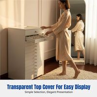 Wooden Jewelry Box, Hardwood Storage Cabinet with Fingerprint Lock, Multitier Organizer for Necklaces, Earrings, Rings