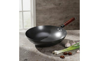 Nitrided Iron Pan Nitriding Treated Flat Bottom Wok Handmade Uncoated Iron Wok for Home Cooks, Gas Stoves
