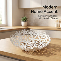 Metal Fruit Bowl with Flower Hollow Design for Kitchen Counter, Iron Basket for Minimalist Home Decor
