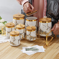 Nordic Light Luxury Spice Jar Set with Bamboo Lids and Rack, Ceramic, 3-Tier, Round, 3.1-4L