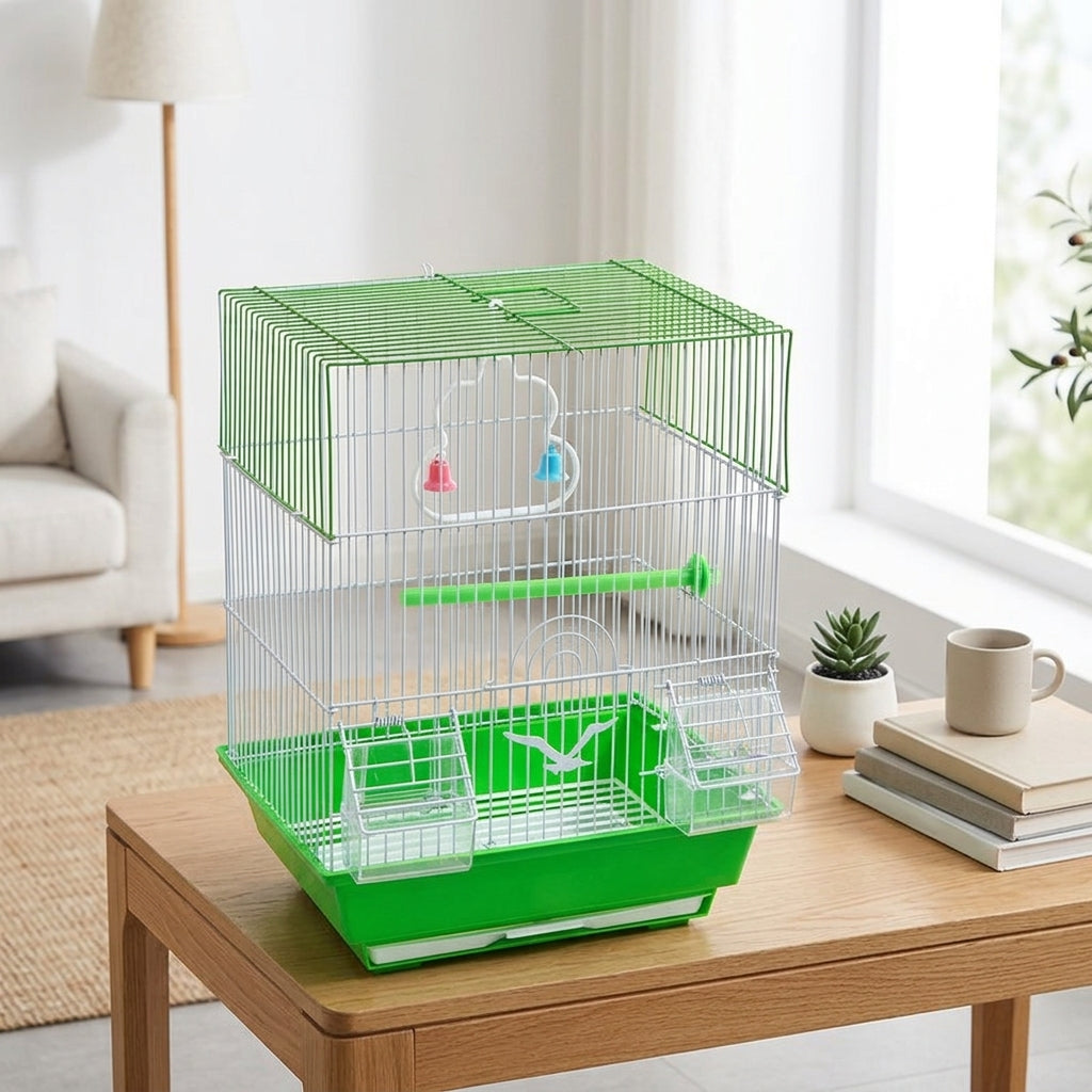 Small Bird Cage for Budgie and Finch Cage, Rectangular Bird Cage with Removable Tray, 2 Feeders and Perch for Parakeets Lovebirds, Small Size